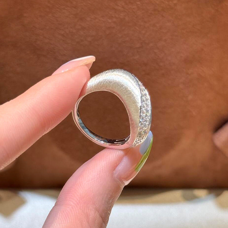 Brushed Lines Copper Ring For Women With Silver Plated Electroplated Finish And Rhinestone Inlay