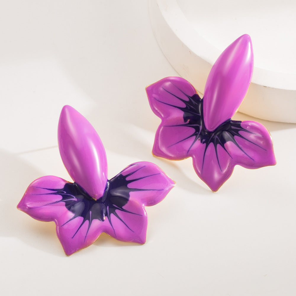 New Style Blue Enamel Flower Stud Earrings For Women In Alloy