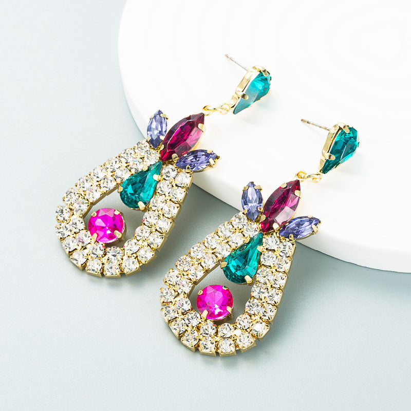 Exaggerated Geometric White Drop Earrings For Women, Electroplated Alloy With Rhinestone Inlay