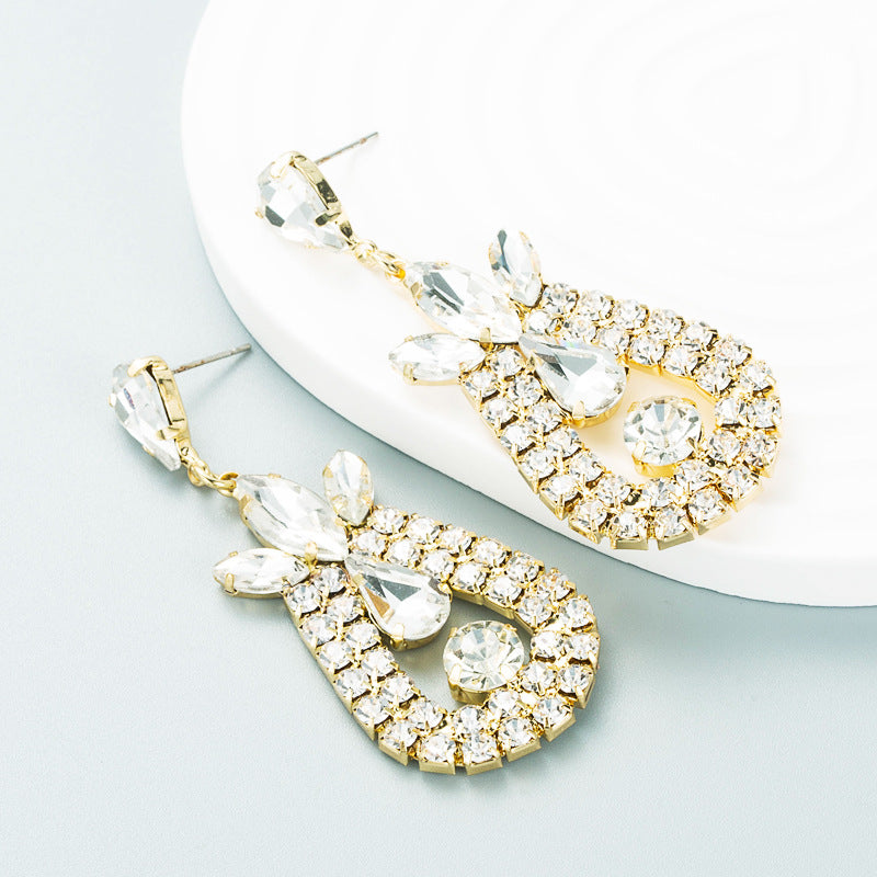 Exaggerated Geometric White Drop Earrings For Women, Electroplated Alloy With Rhinestone Inlay