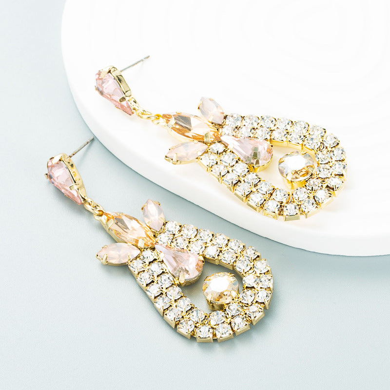 Exaggerated Geometric White Drop Earrings For Women, Electroplated Alloy With Rhinestone Inlay