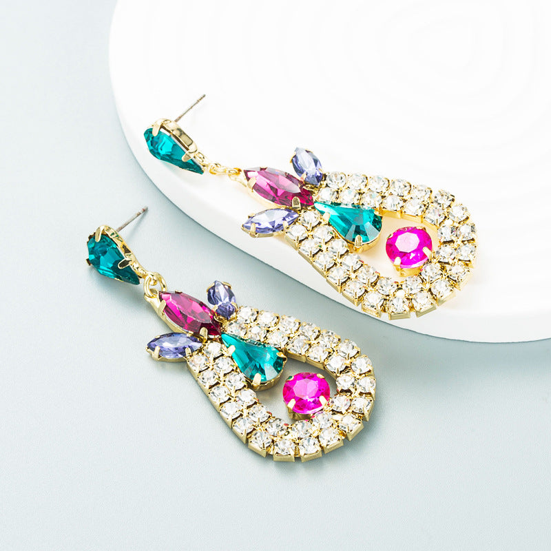 Exaggerated Geometric White Drop Earrings For Women, Electroplated Alloy With Rhinestone Inlay