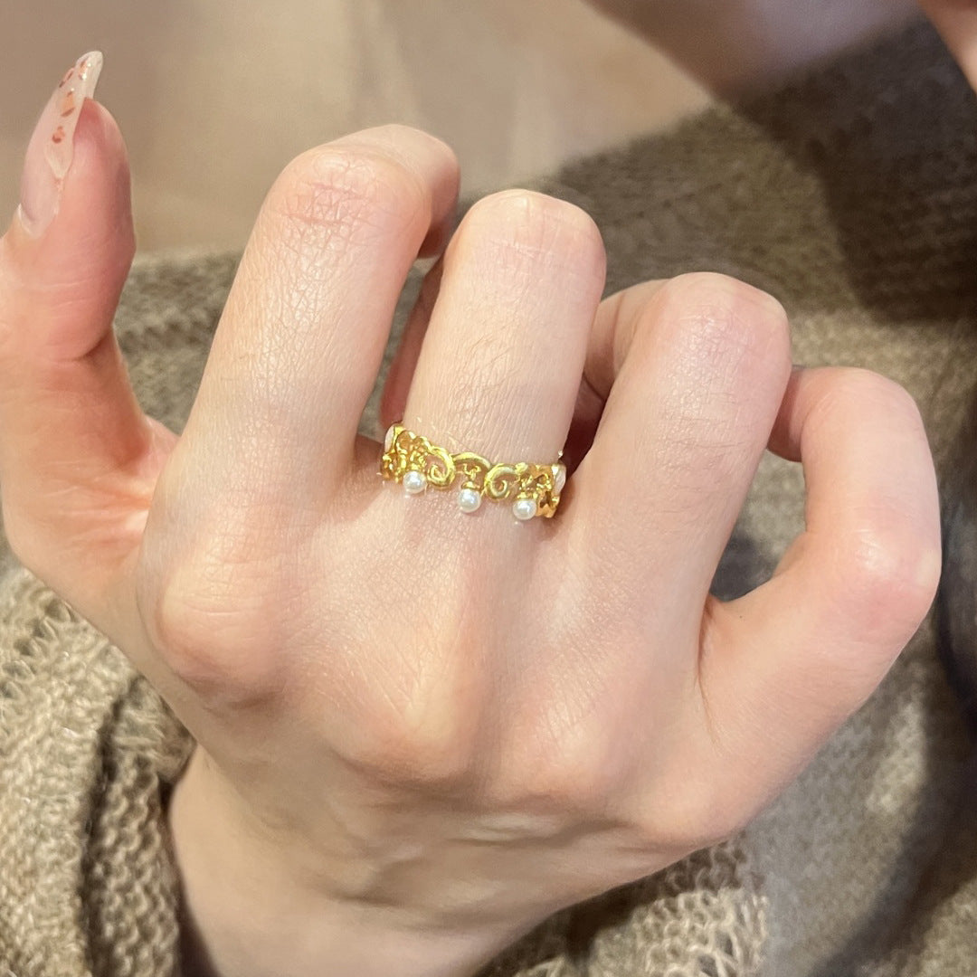 Gold Open Ring For Women Featuring Electroplated 18K Real Gold With Imitation Pearl Inlay And Floral Design