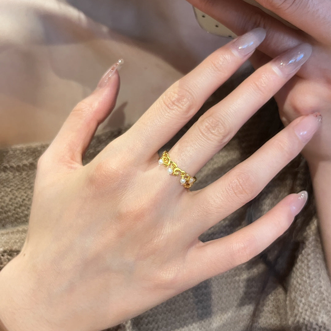Gold Open Ring For Women Featuring Electroplated 18K Real Gold With Imitation Pearl Inlay And Floral Design