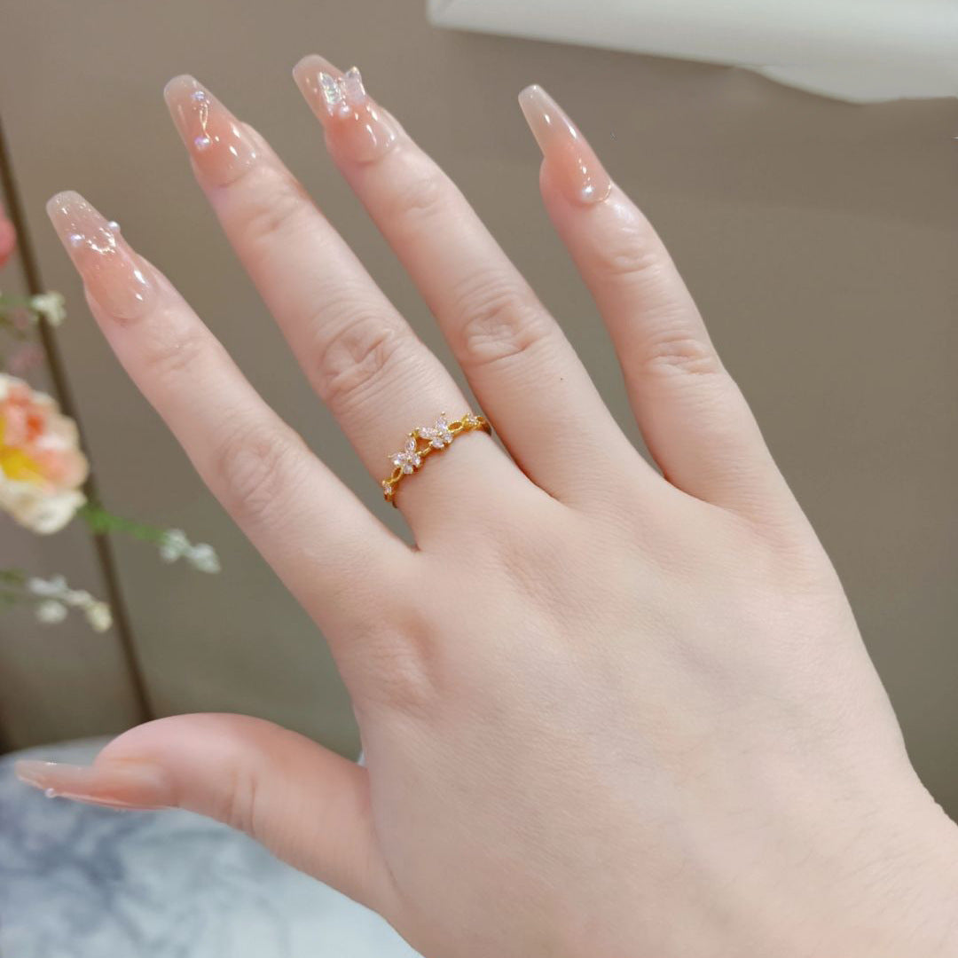Butterfly Copper Ring For Women With Zircon Inlay In Natural Pink