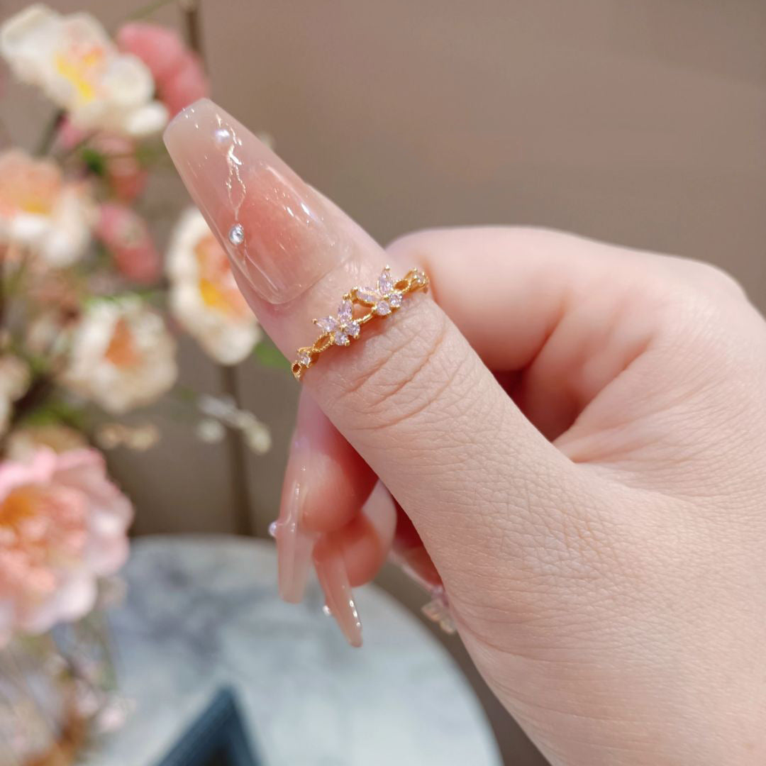 Butterfly Copper Ring For Women With Zircon Inlay In Natural Pink