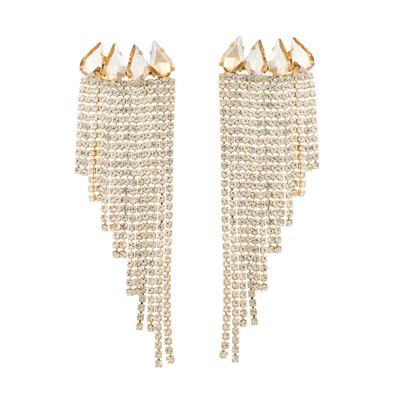 Exaggerated White Tassel Earrings For Women With Rhinestones In Alloy