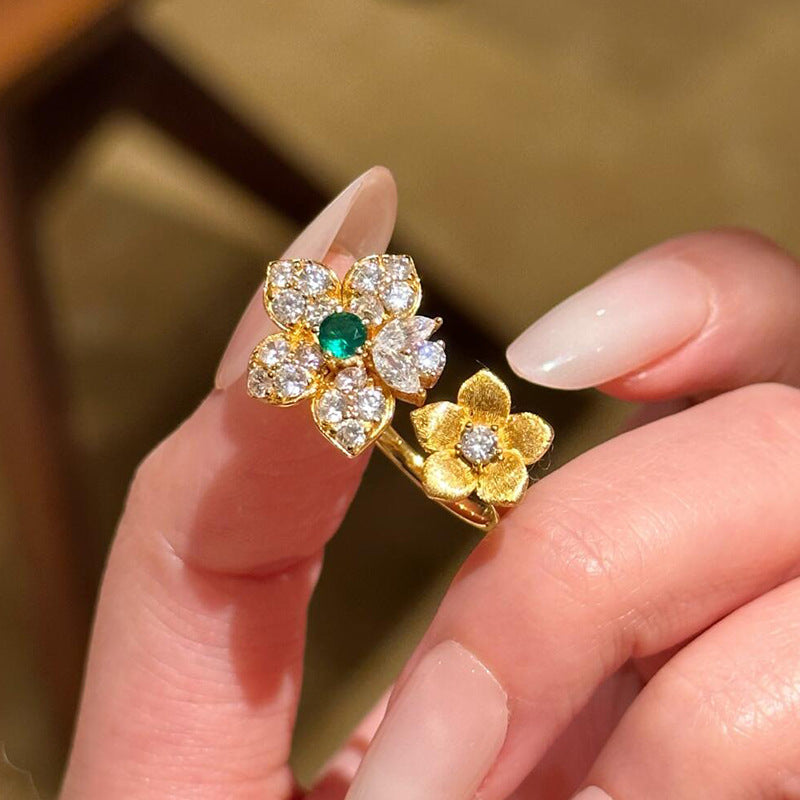 Brushed Flowers Open Rings For Women In Golden Plated Copper With Electroplated Finish