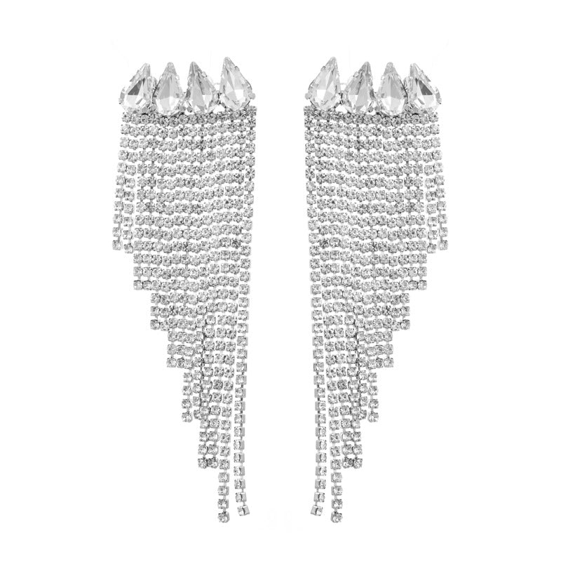 Exaggerated White Tassel Earrings For Women With Rhinestones In Alloy