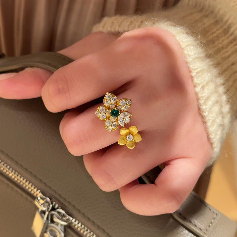 Brushed Flowers Open Rings For Women In Golden Plated Copper With Electroplated Finish