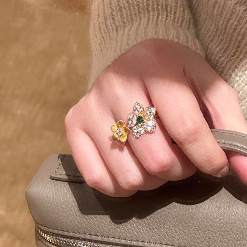 Brushed Flowers Open Rings For Women In Golden Plated Copper With Electroplated Finish
