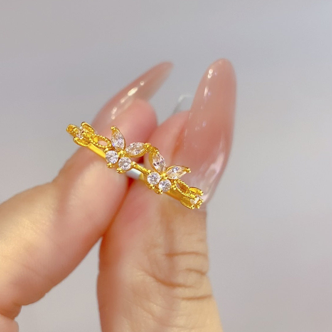 Butterfly Copper Ring For Women With Zircon Inlay In Natural Pink