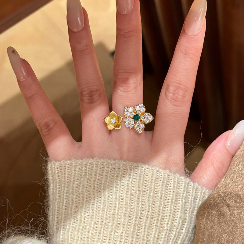 Brushed Flowers Open Rings For Women In Golden Plated Copper With Electroplated Finish