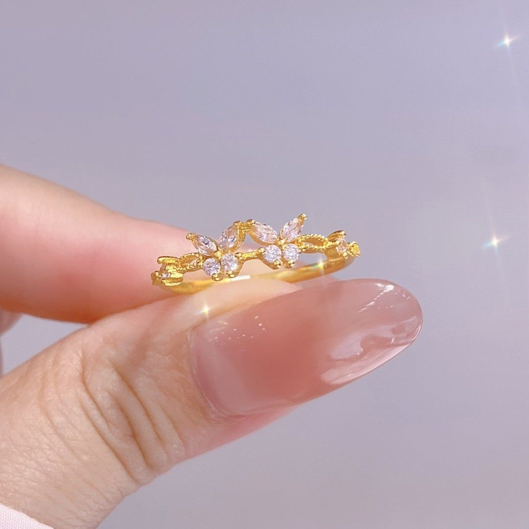 Butterfly Copper Ring For Women With Zircon Inlay In Natural Pink