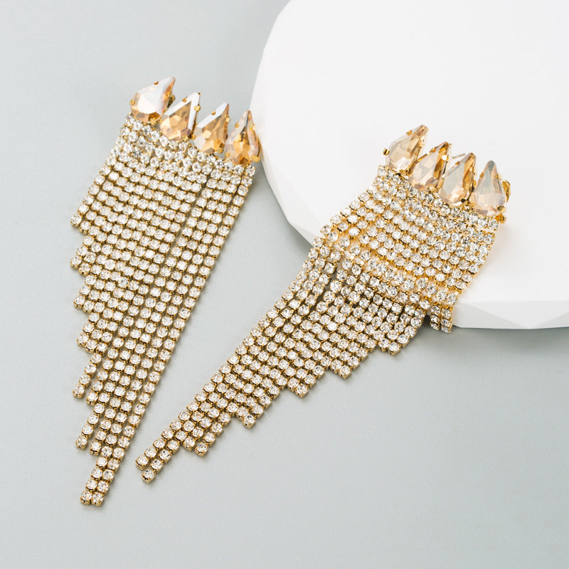 Exaggerated White Tassel Earrings For Women With Rhinestones In Alloy
