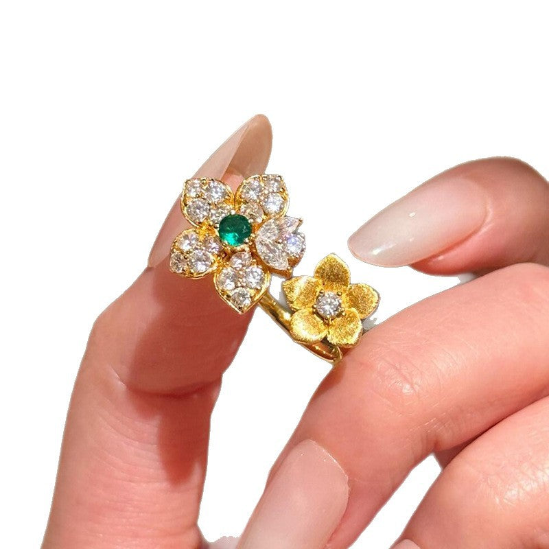 Brushed Flowers Open Rings For Women In Golden Plated Copper With Electroplated Finish