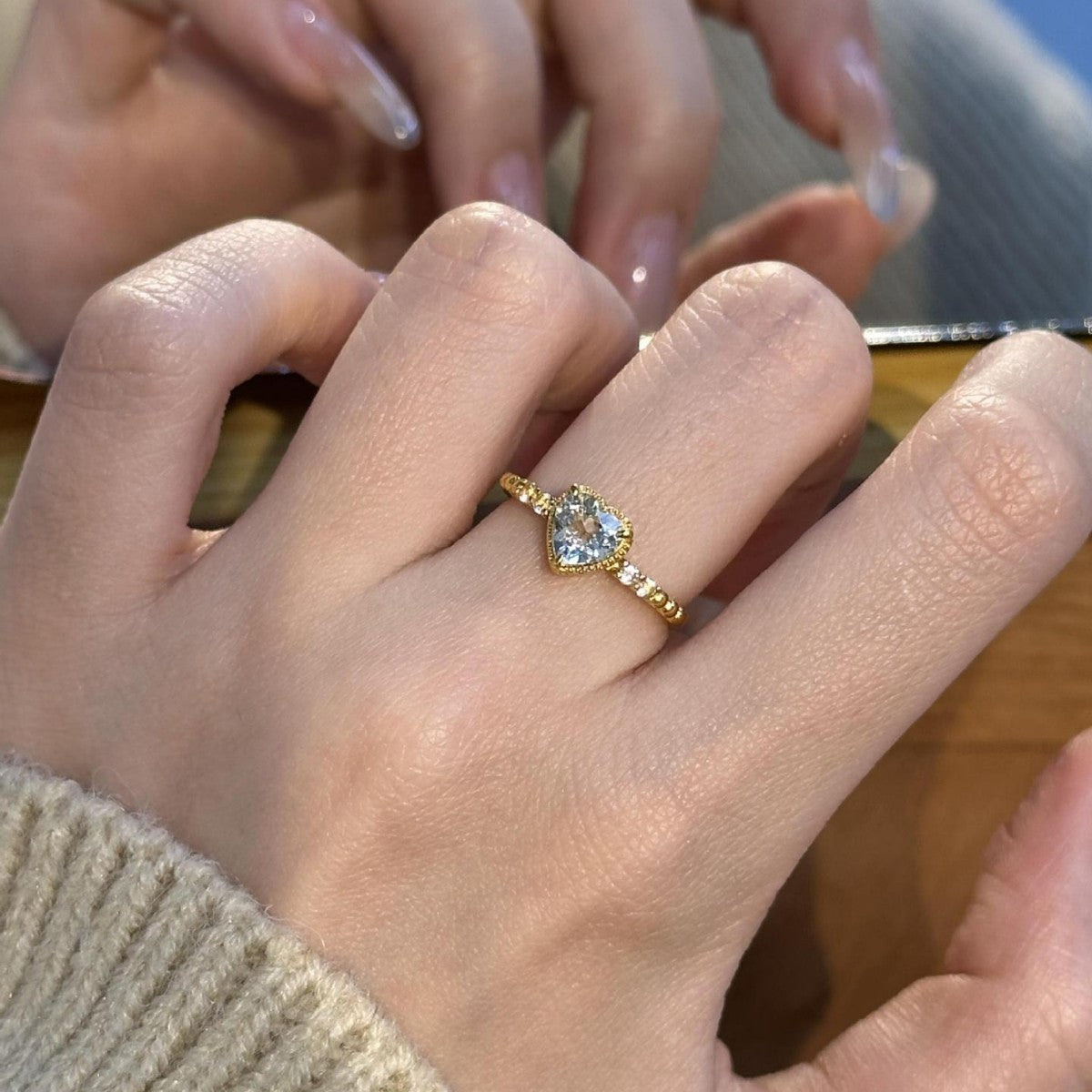 Heart Shape Copper Ring For Women With Electroplated Gold Plating In Lake Blue, Perfect For Summer