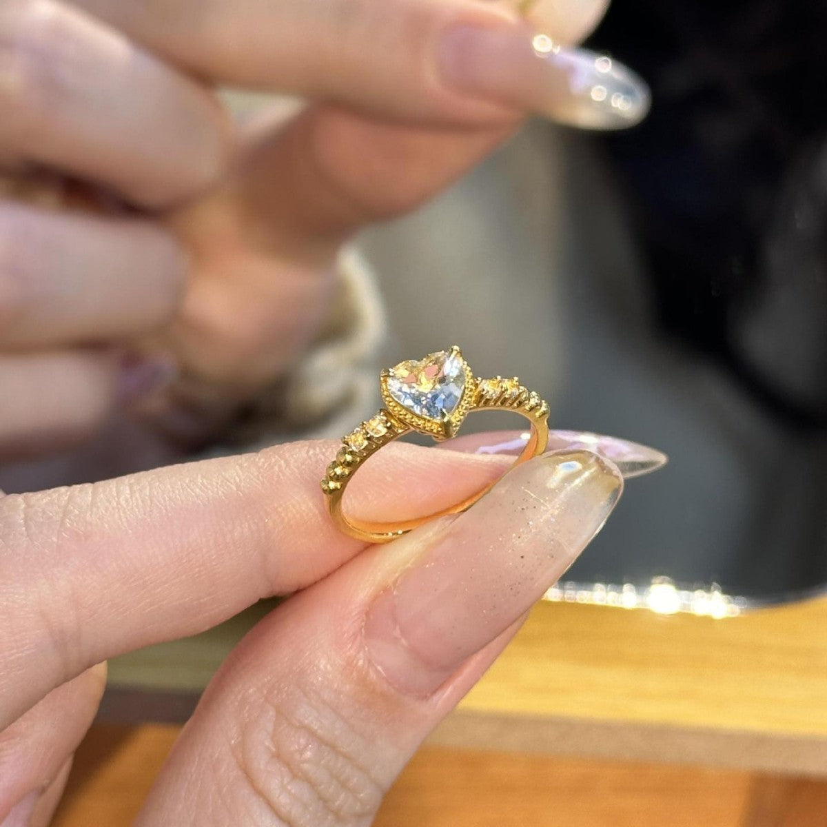 Heart Shape Copper Ring For Women With Electroplated Gold Plating In Lake Blue, Perfect For Summer