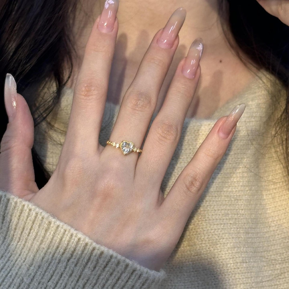 Heart Shape Copper Ring For Women With Electroplated Gold Plating In Lake Blue, Perfect For Summer