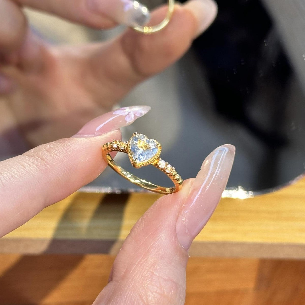 Heart Shape Copper Ring For Women With Electroplated Gold Plating In Lake Blue, Perfect For Summer