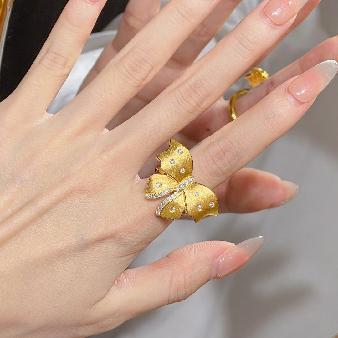 Butterfly Open Rings For Women In Simple Style, Brushed Copper With Electroplated Gold Plating