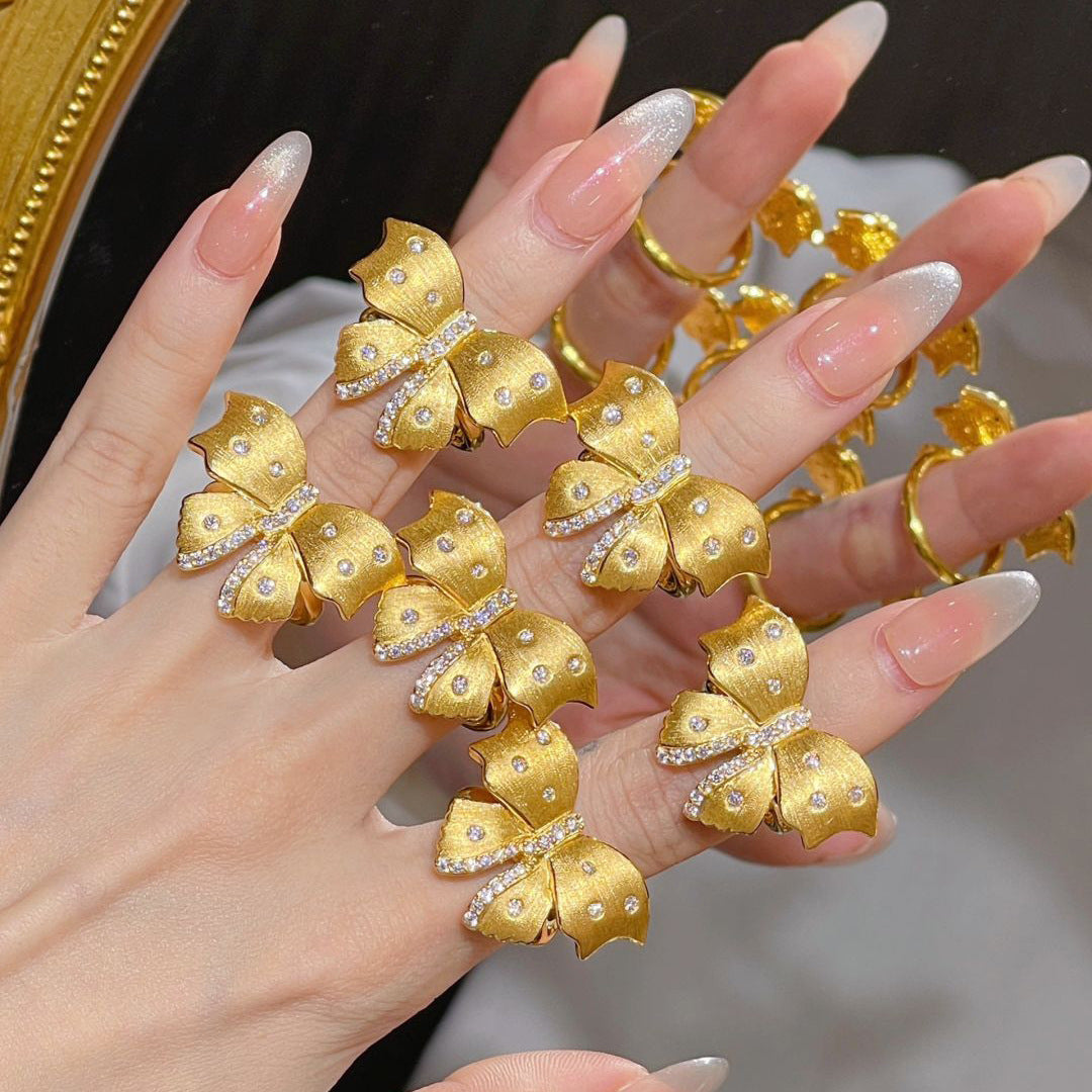 Butterfly Open Rings For Women In Simple Style, Brushed Copper With Electroplated Gold Plating