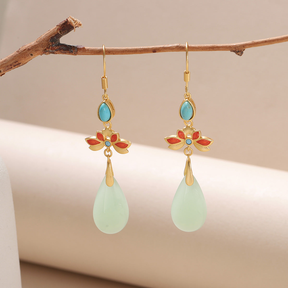 Handmade Green Flowers Earrings For Women, 1 Pair, Featuring 18K Real Gold Plated And Glass Inlay