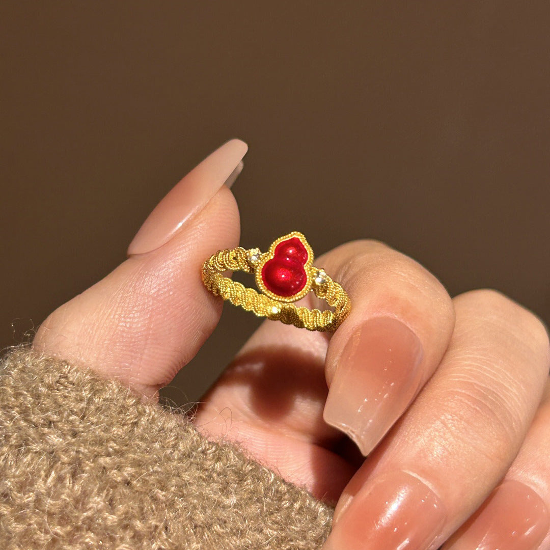 Luxurious Gourd Open Ring For Women In Red Copper With Electroplated Gold Plating