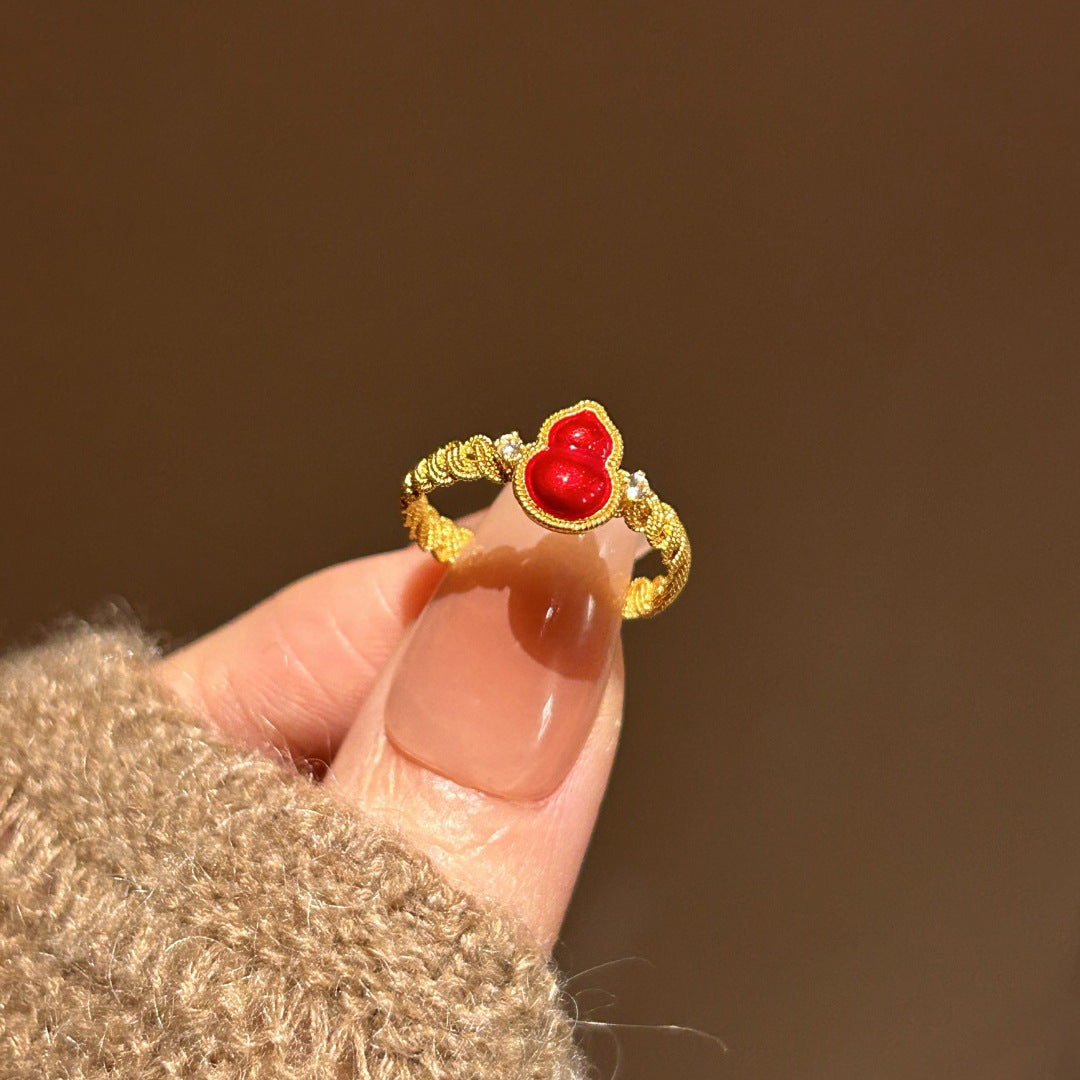 Luxurious Gourd Open Ring For Women In Red Copper With Electroplated Gold Plating