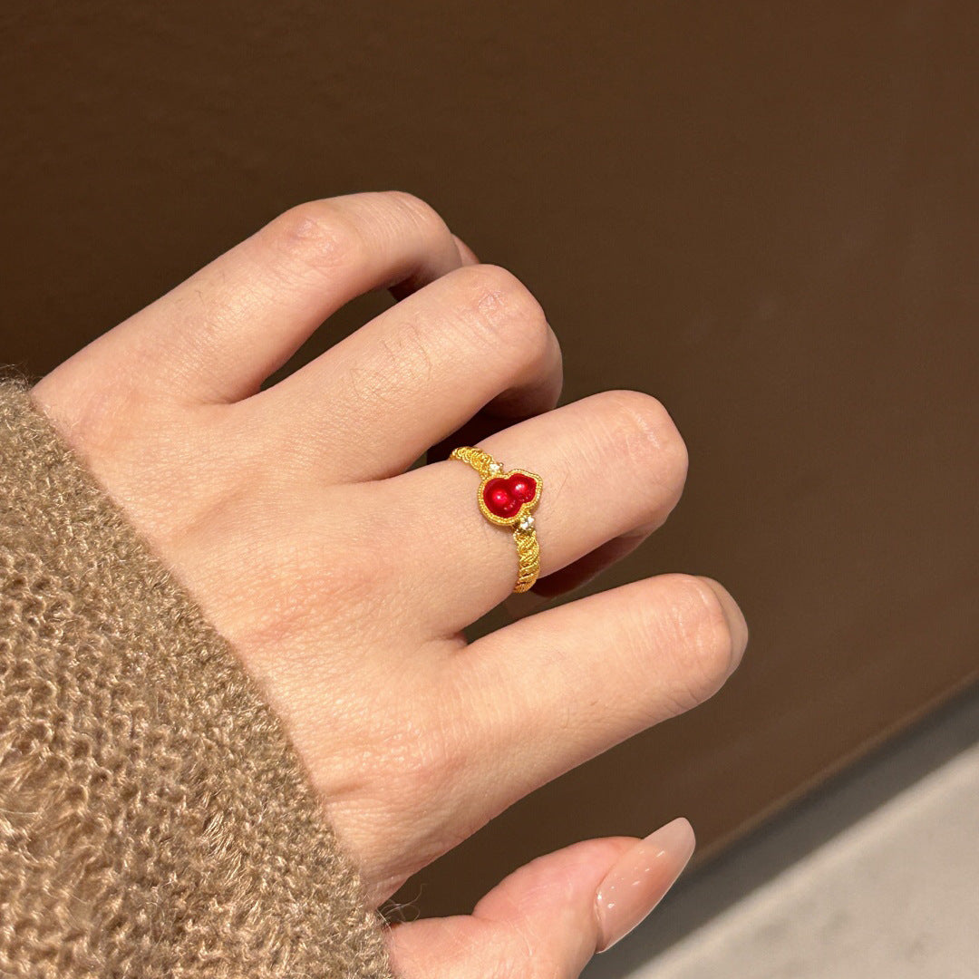 Luxurious Gourd Open Ring For Women In Red Copper With Electroplated Gold Plating