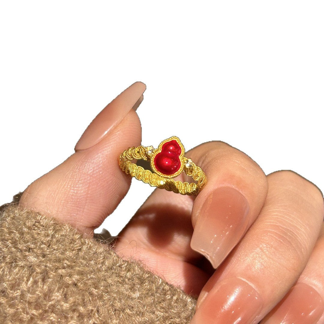 Luxurious Gourd Open Ring For Women In Red Copper With Electroplated Gold Plating