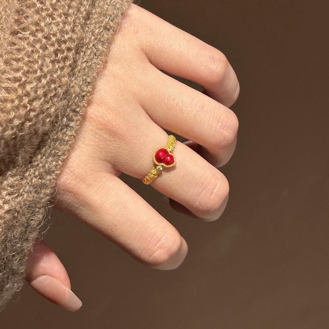Luxurious Gourd Open Ring For Women In Red Copper With Electroplated Gold Plating
