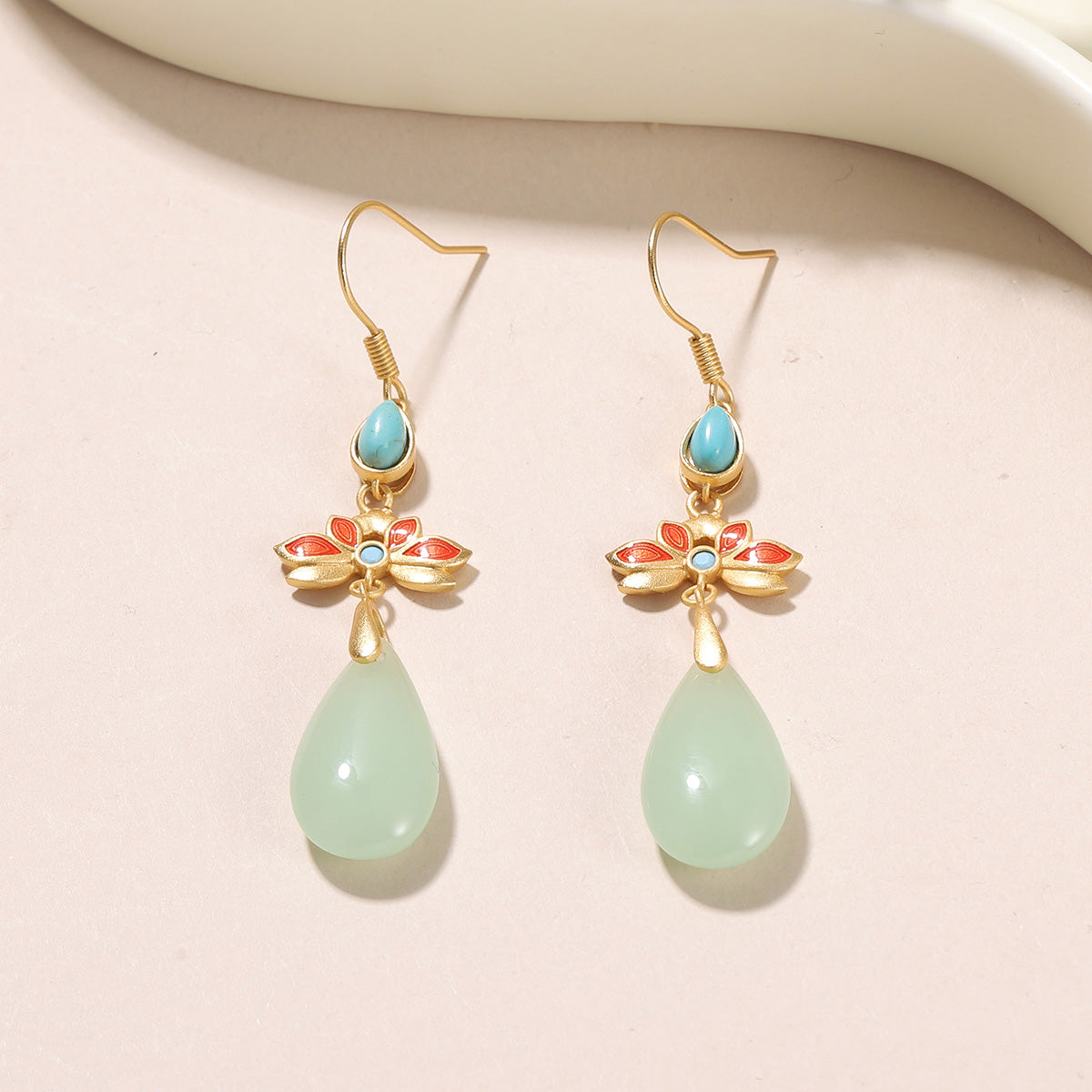 Handmade Green Flowers Earrings For Women, 1 Pair, Featuring 18K Real Gold Plated And Glass Inlay