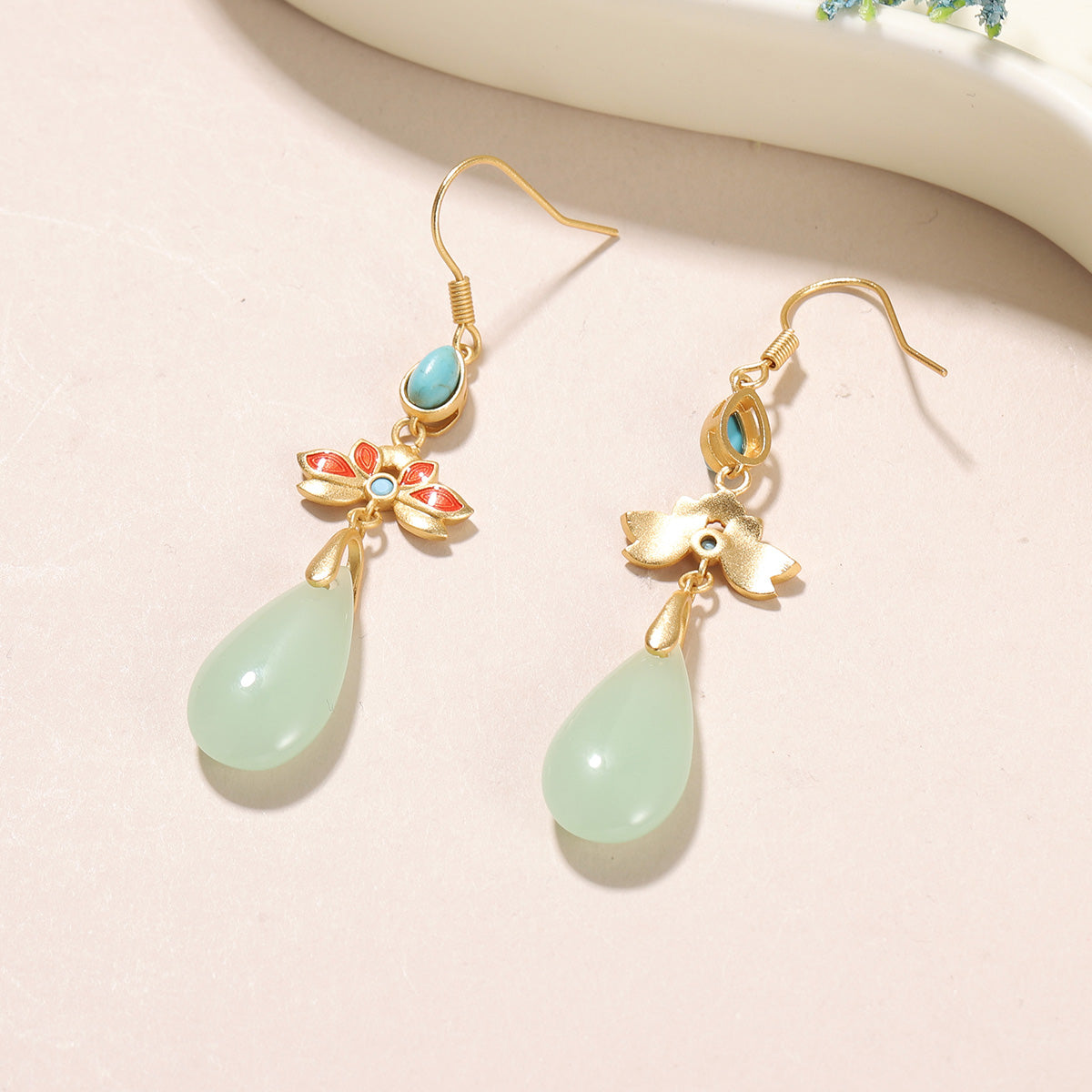 Handmade Green Flowers Earrings For Women, 1 Pair, Featuring 18K Real Gold Plated And Glass Inlay