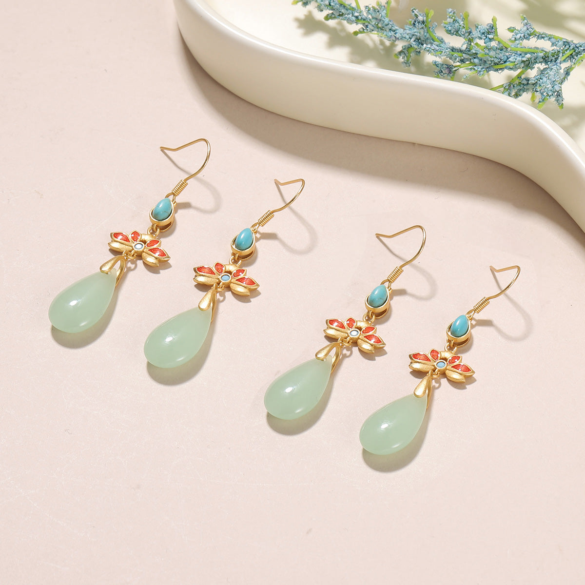 Handmade Green Flowers Earrings For Women, 1 Pair, Featuring 18K Real Gold Plated And Glass Inlay