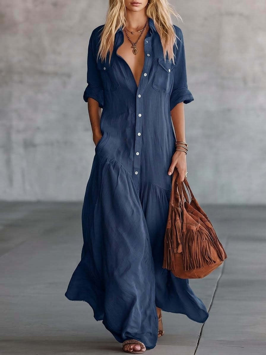 Casual Solid Color Shirt Dress With Half Sleeve And Shirt Collar, Perfect For Banquet, Made Of Polyester