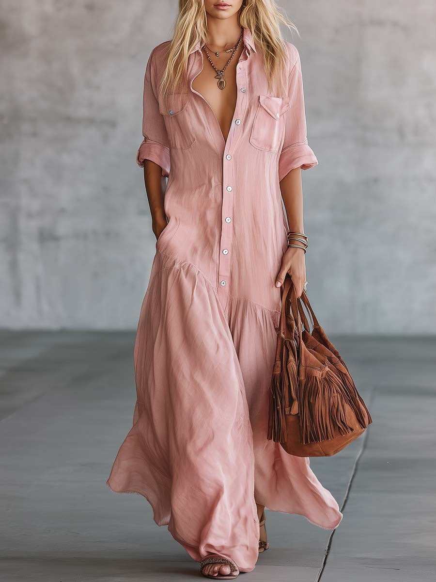 Casual Solid Color Shirt Dress With Half Sleeve And Shirt Collar, Perfect For Banquet, Made Of Polyester