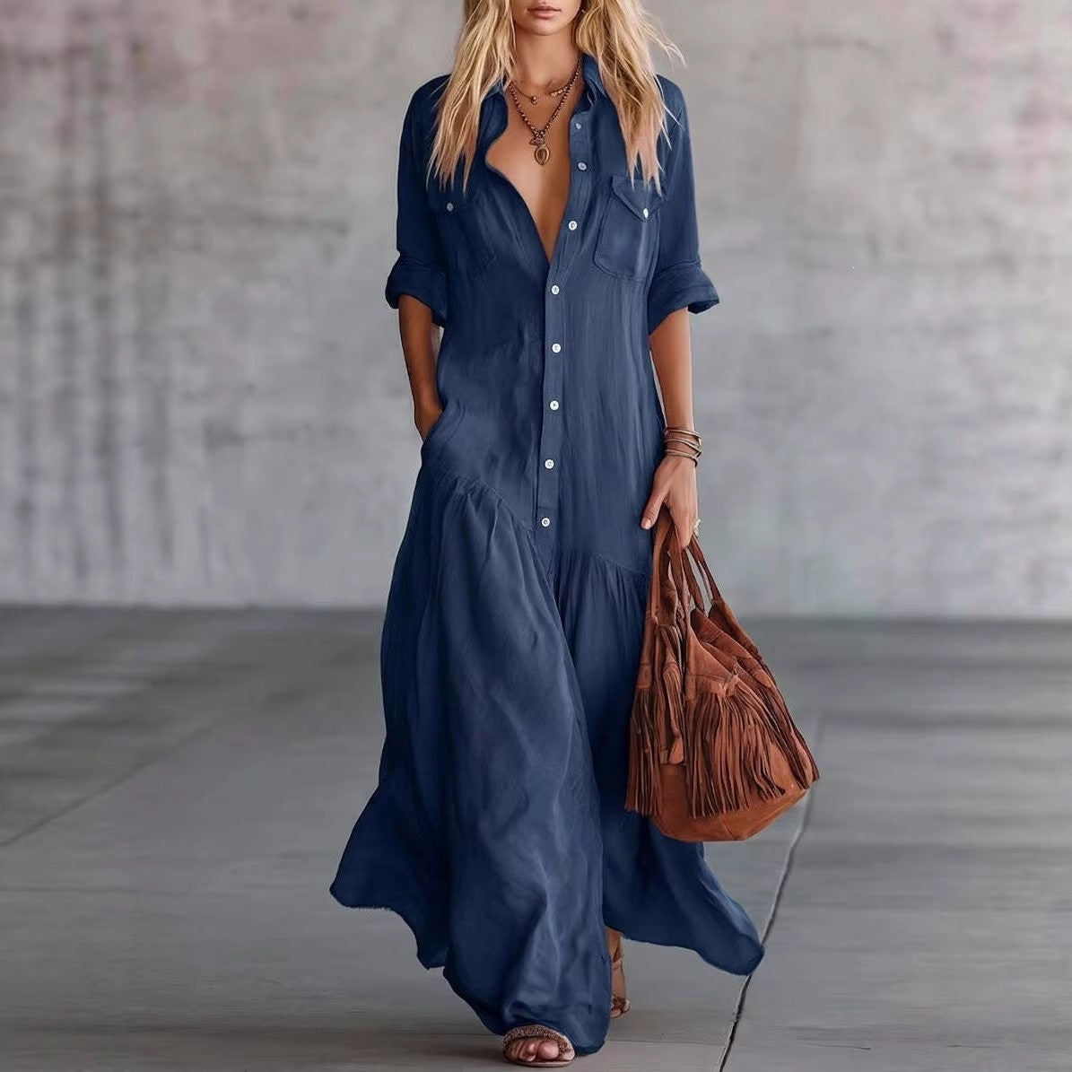 Casual Solid Color Shirt Dress With Half Sleeve And Shirt Collar, Perfect For Banquet, Made Of Polyester