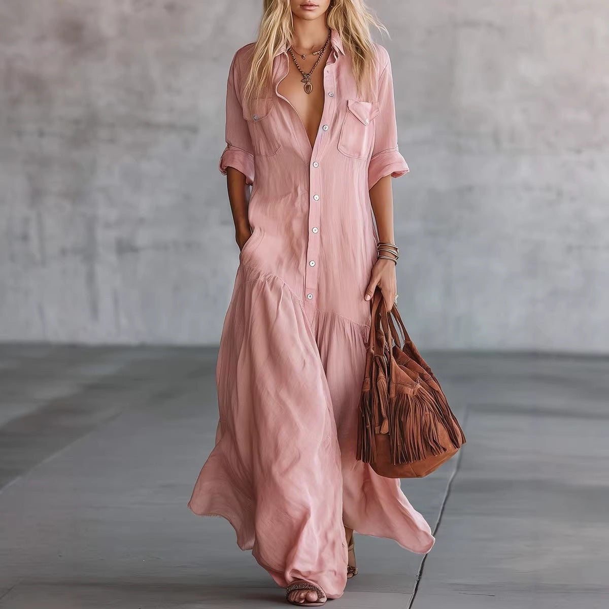 Casual Solid Color Shirt Dress With Half Sleeve And Shirt Collar, Perfect For Banquet, Made Of Polyester