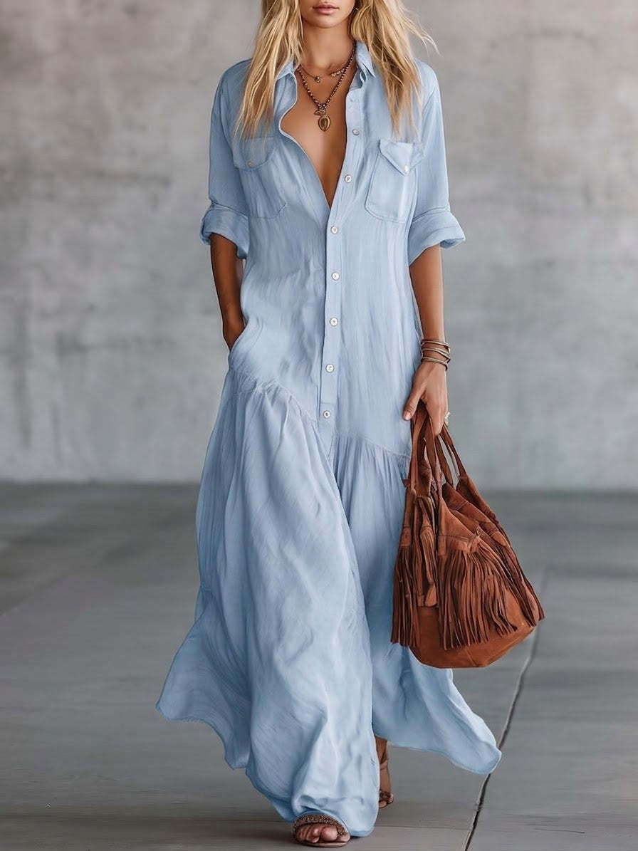 Casual Solid Color Shirt Dress With Half Sleeve And Shirt Collar, Perfect For Banquet, Made Of Polyester