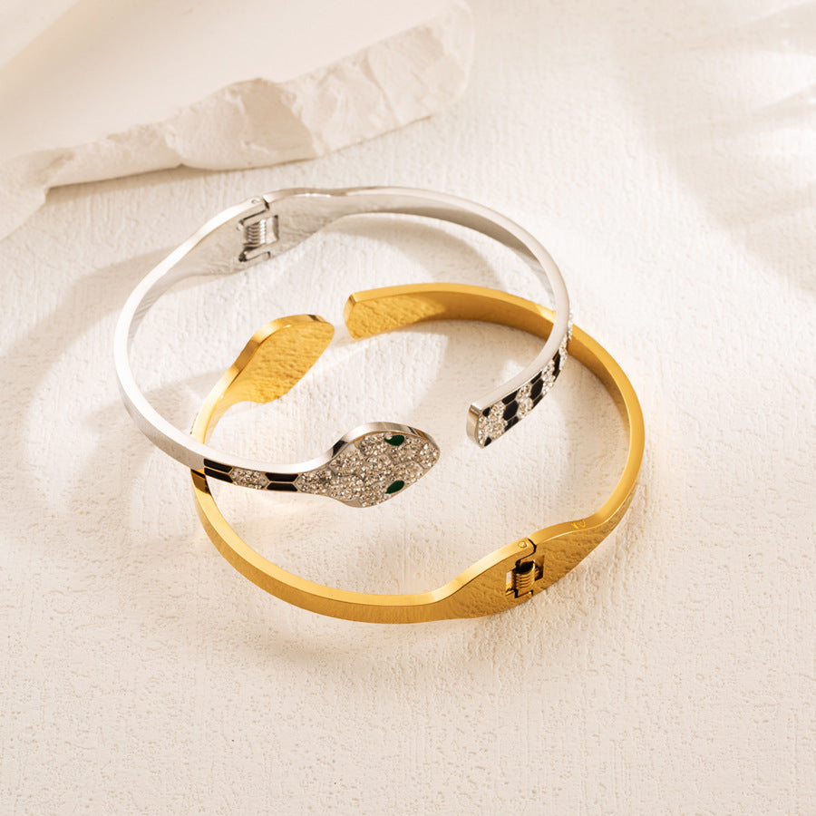 Elegant Snake Pattern Waterproof Non Tarnish Titanium Steel Wristband With Rhinestones For Women