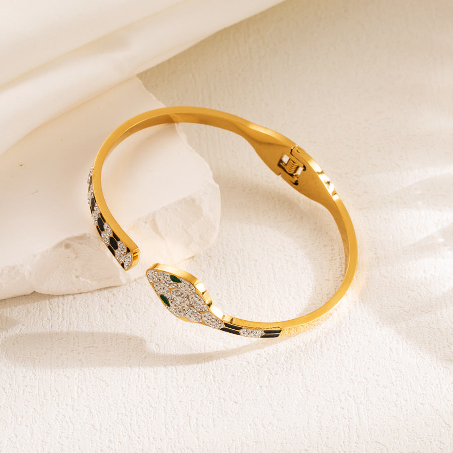 Elegant Snake Pattern Waterproof Non Tarnish Titanium Steel Wristband With Rhinestones For Women