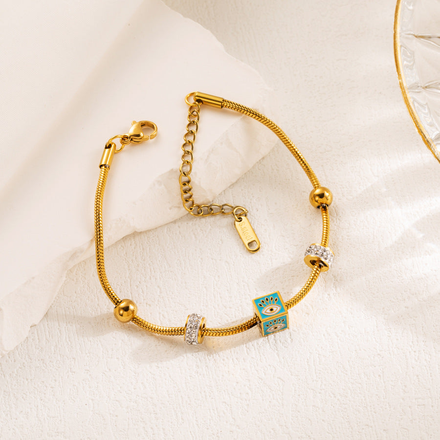 Devil's Eye Enamel Bangle With Titanium Steel And Rhinestones, Elegant Style For Women