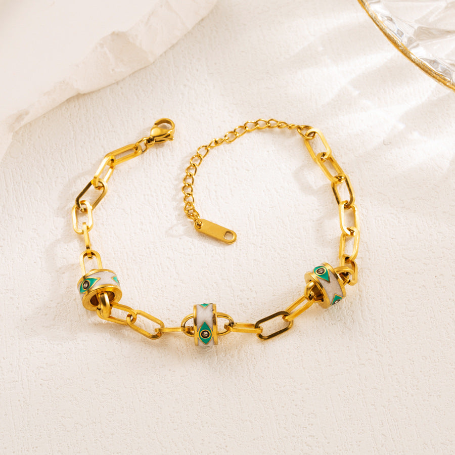 Devil's Eye Enamel Bangle With Titanium Steel And Rhinestones, Elegant Style For Women