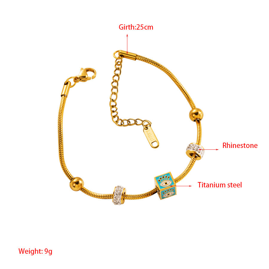 Devil's Eye Enamel Bangle With Titanium Steel And Rhinestones, Elegant Style For Women