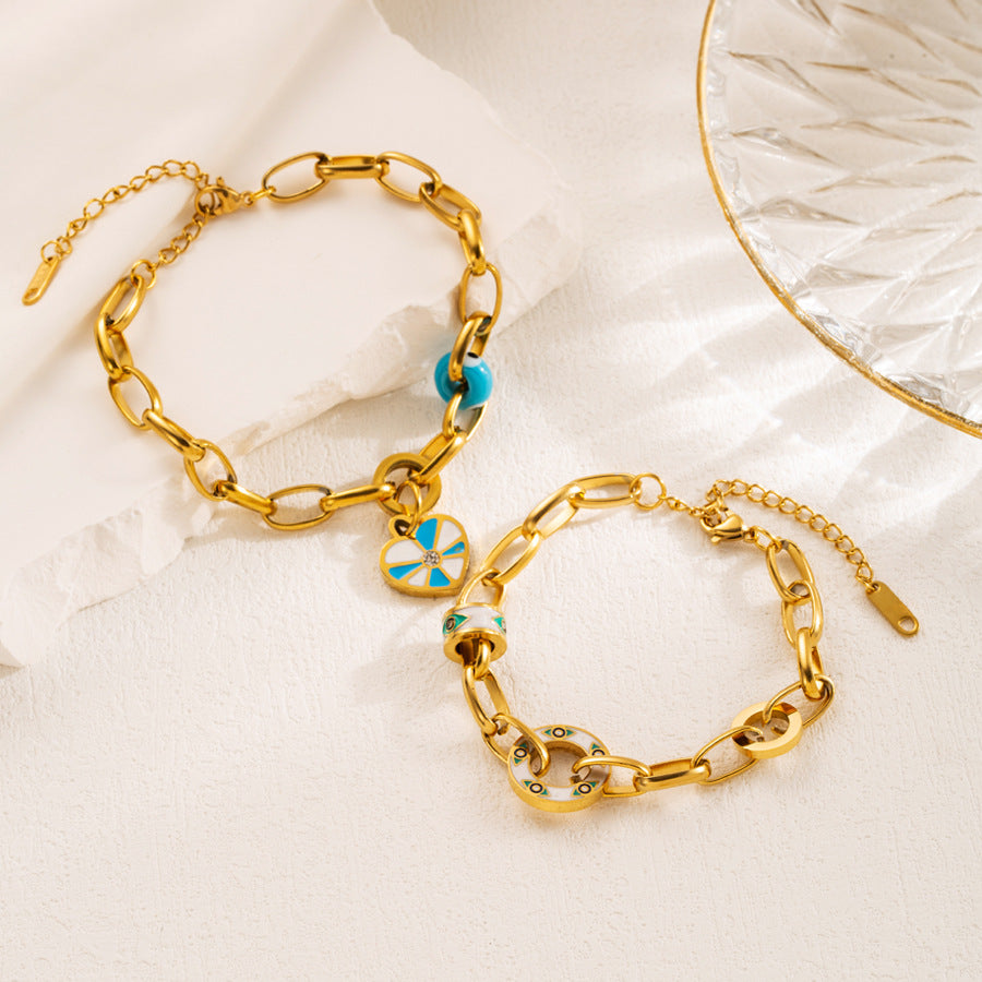 Heart Shape Enamel Bracelets For Women In Titanium Steel With Electroplated Gold Plating Process