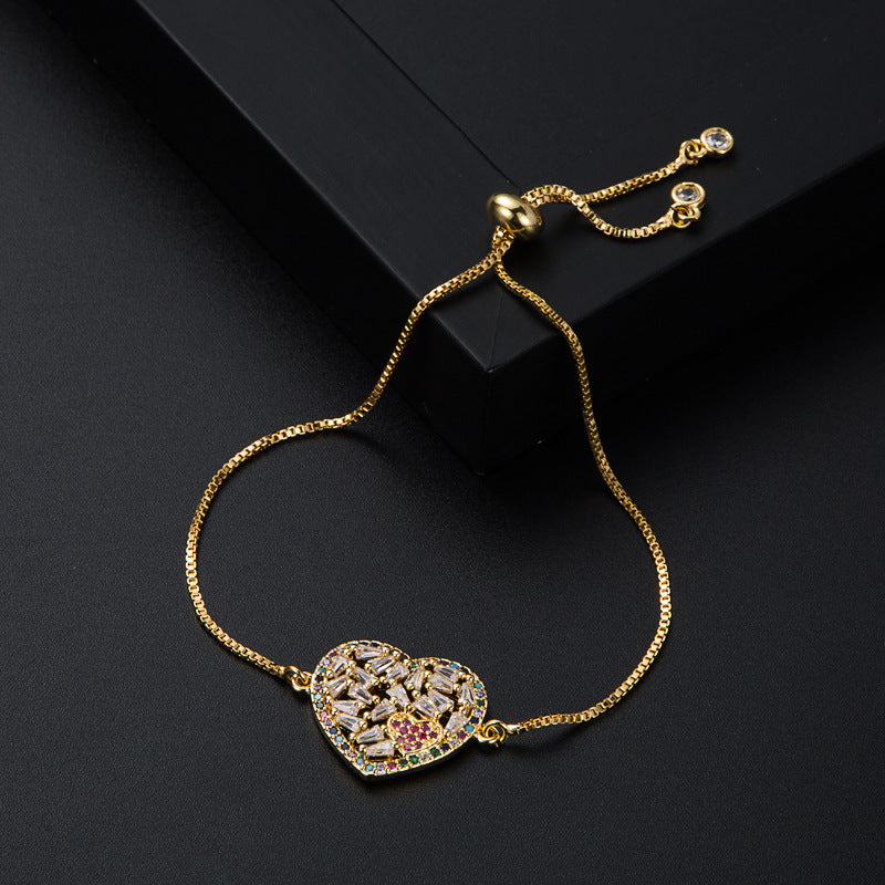 Heart Shape Bracelet For Women With Copper Chain And Copper Pendant, Inlaid With Zircon