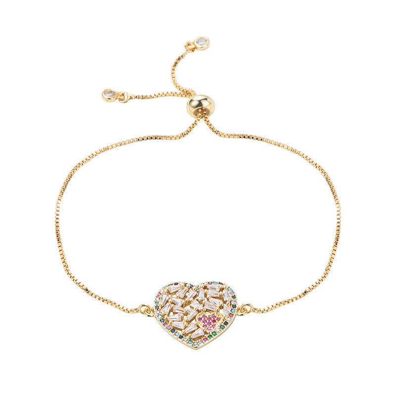 Heart Shape Bracelet For Women With Copper Chain And Copper Pendant, Inlaid With Zircon