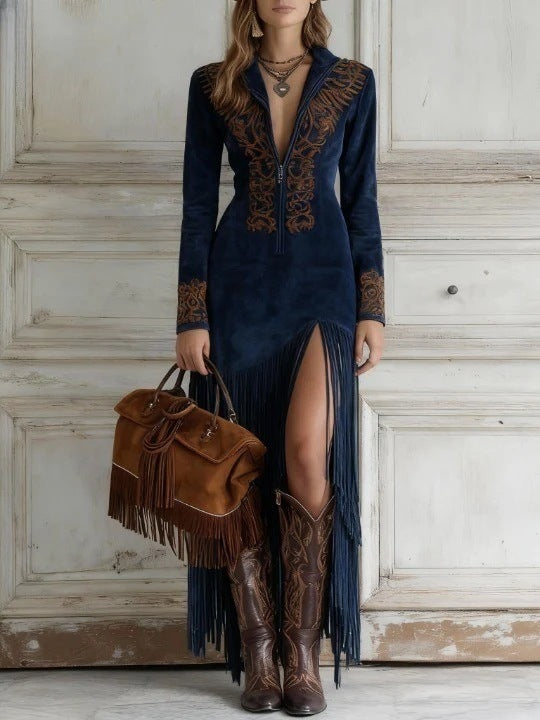 Ethnic Style Flowers Fringe Dress With Long Sleeve And Standing Collar, Polyester Maxi Long Dress