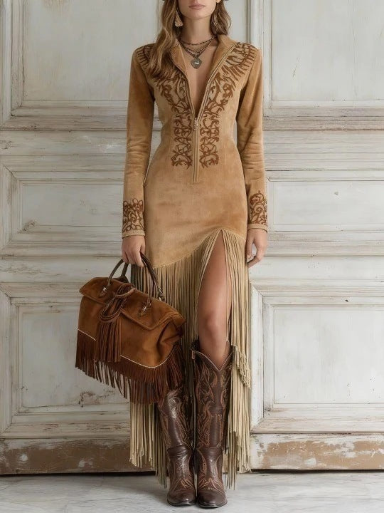 Ethnic Style Flowers Fringe Dress With Long Sleeve And Standing Collar, Polyester Maxi Long Dress